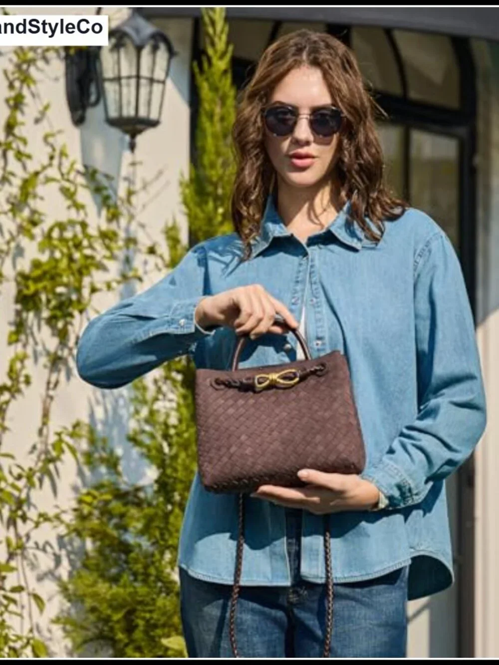 Woven Leather Tote Bag Women Top Handle Shoulder Handbag 2 Compartments